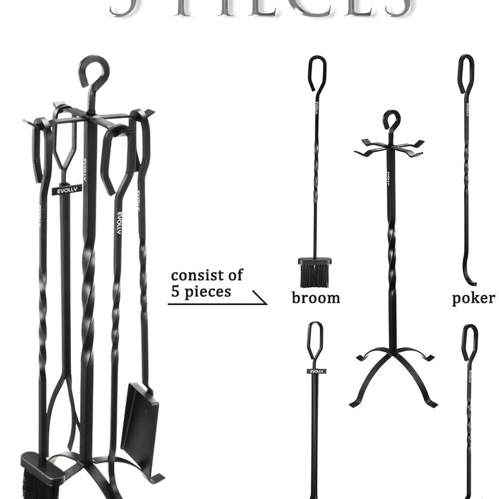 مجموعة أدوات مدفأة من الحديد المطاوع شديدة التحمل مقاس 32 بوصة مع 5 قطع للمواقد وحفر النار، بما في ذلك الملقط والمجرفة والحامل، #2