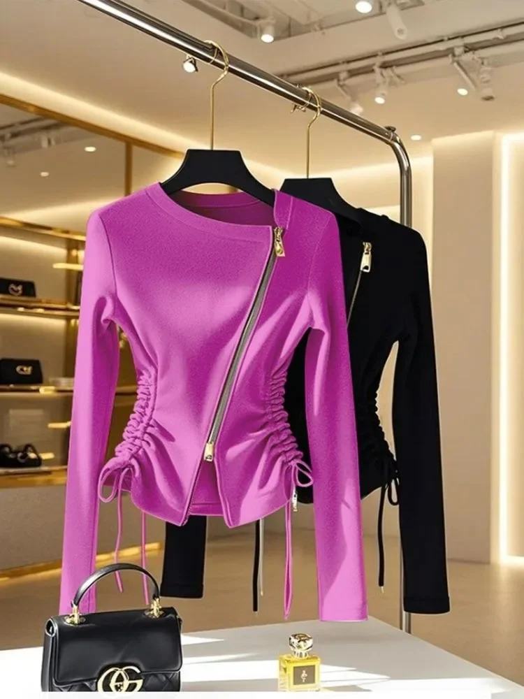 Frence moda lado cordão fino ajuste jaquetas zíper assimétrico casacos curtos primavera verão outerwear esportes elegante senhora do escritório