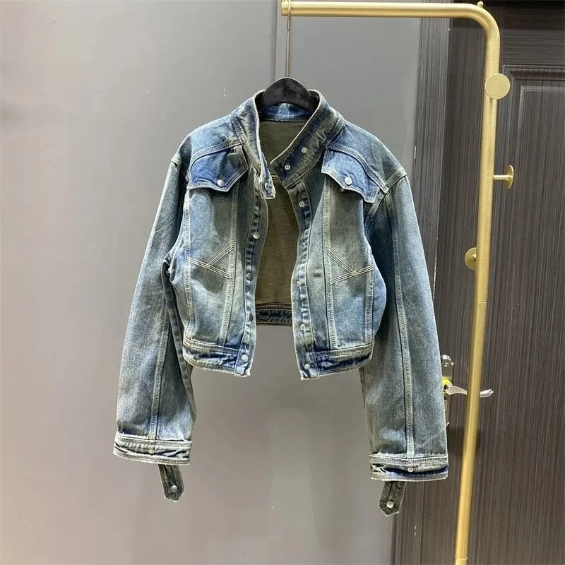 

New Hong Kong Style Retro Denim Jacket For Women Spring Autumn Short Slim Stand Collar Jeans Coat Streetwear Outwear Tops Ladies