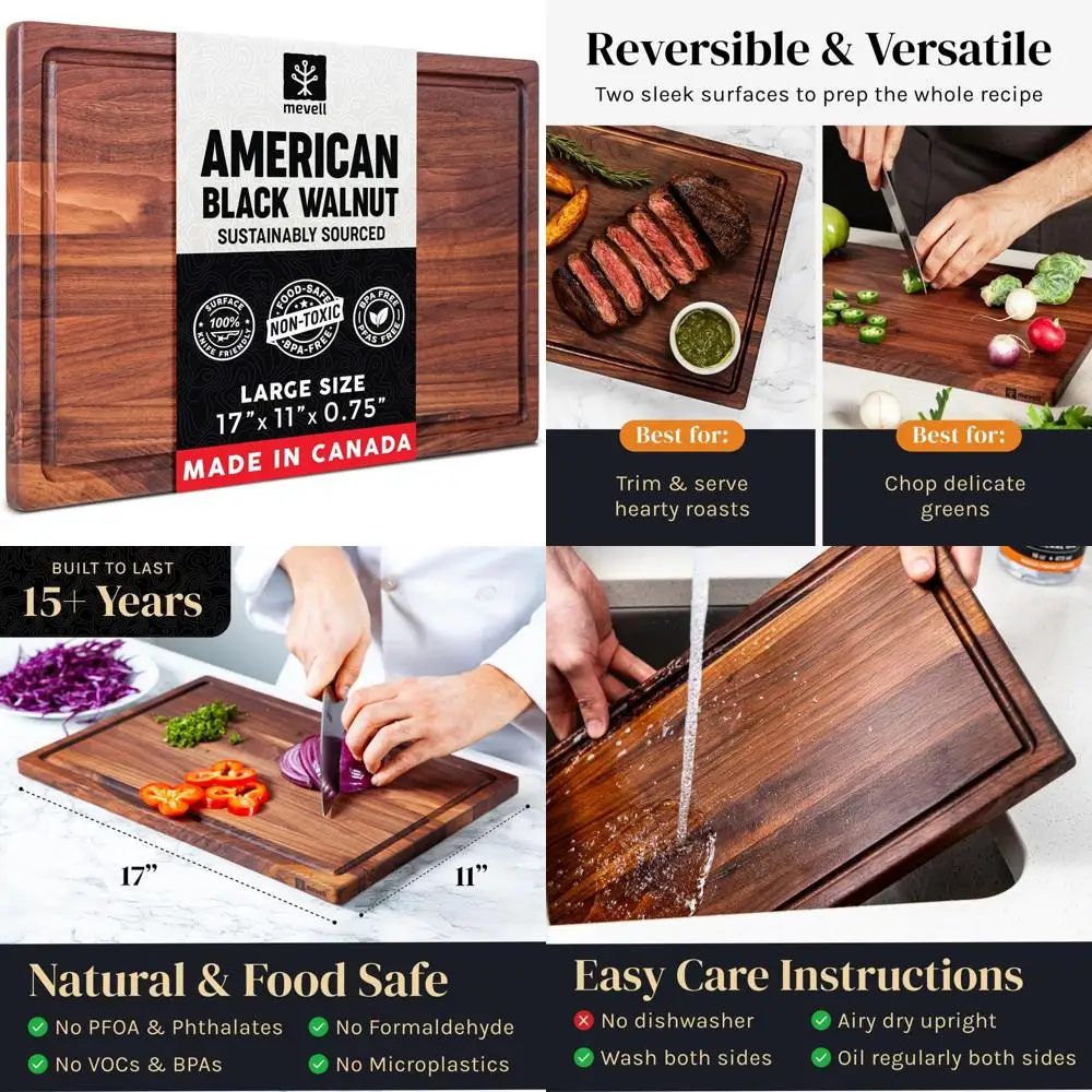

Reversible Walnut Chopping Board with Juice Grooves, 17x11x0.75, Canadian-Made Kitchen Cutting Board