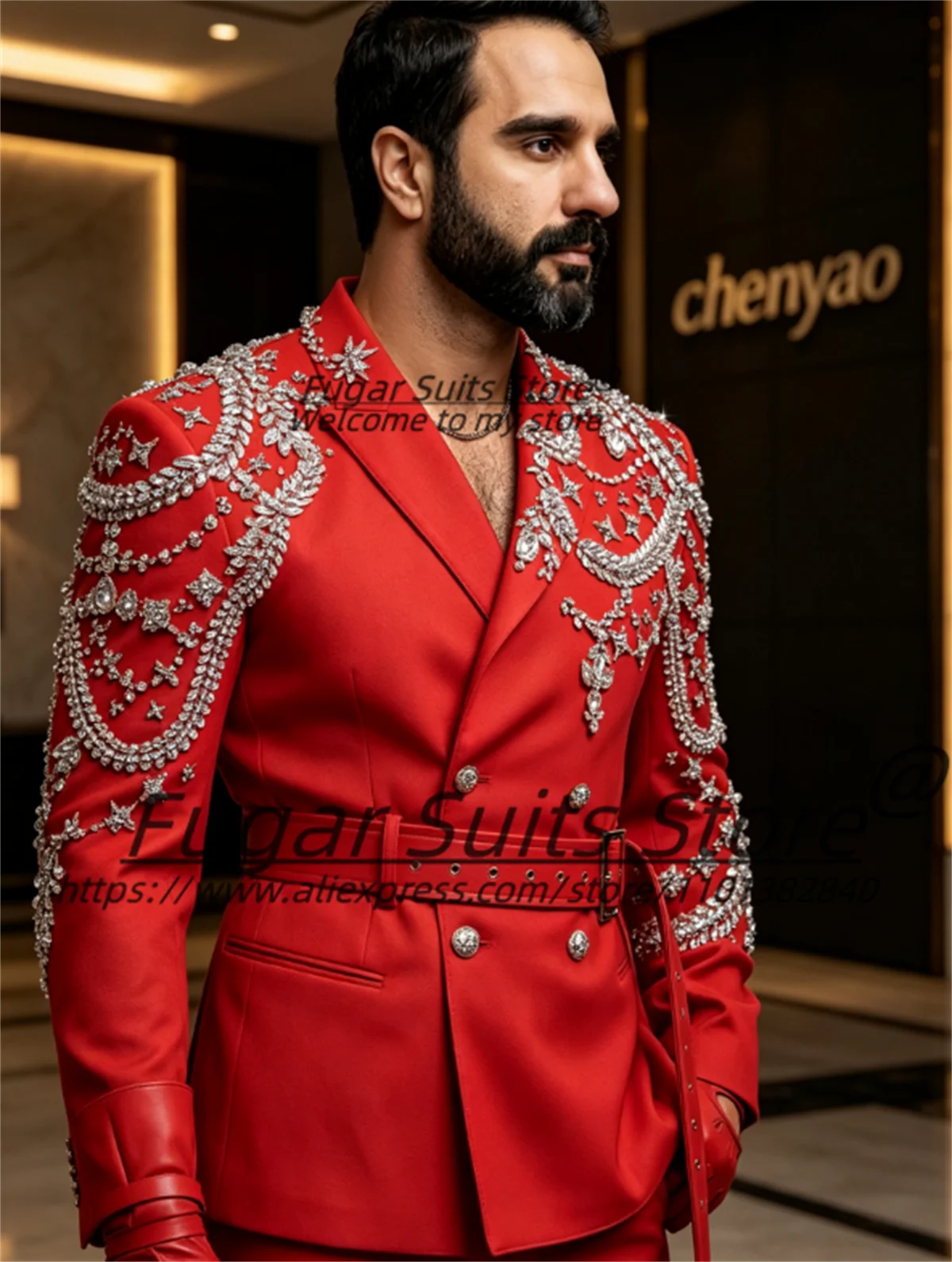 Customized Red Mens Suits Silver Crystal Rhinestone Decoration Double Breasted Belted Groom Evening Tuxedos2Pcs Sets Ropa Hombre