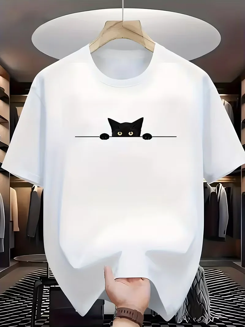 T-shirt noir avec graphique minimaliste de guitare et de musique chat – T-shirt ample à col rond pour un usage quotidien et formel – Toutes saisons