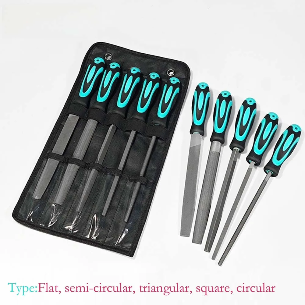 8インチ炭素鋼ヤスリセット5個入り、滑り止めハンドル付き、金属と木材の研磨用、高炭素鋼構造