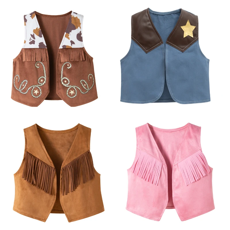 Toddler Boys Girls Western Cowboy Outfit Vest Cowboy Hat Bandana Cosplay Costume Birthday Festival Party Dress-Up Play Waistcoat