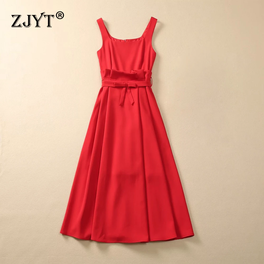 

ZJYT Runway Fashion Summer Sleeveless Dress Red Party Cocktail Midi Dresses for Women 2024 Fashion Square Collar Tank Vestidos