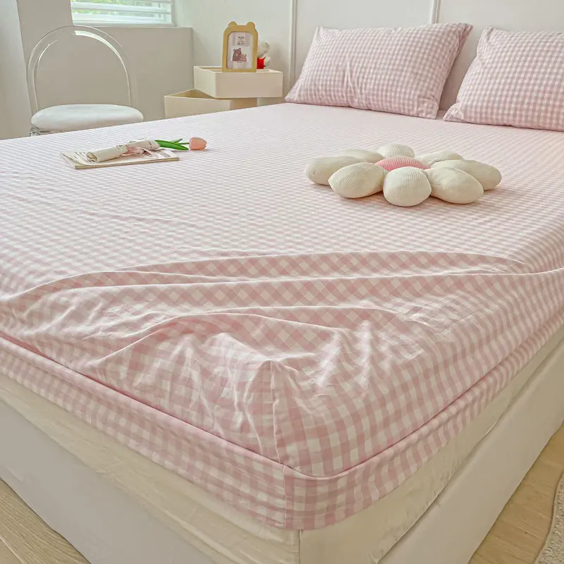 INS Princess Pink Plaid Fitted Sheet Women Girls Solid Color Bed Sheets Set Modern Geometric Fitted Sheets Mattress Cover Full