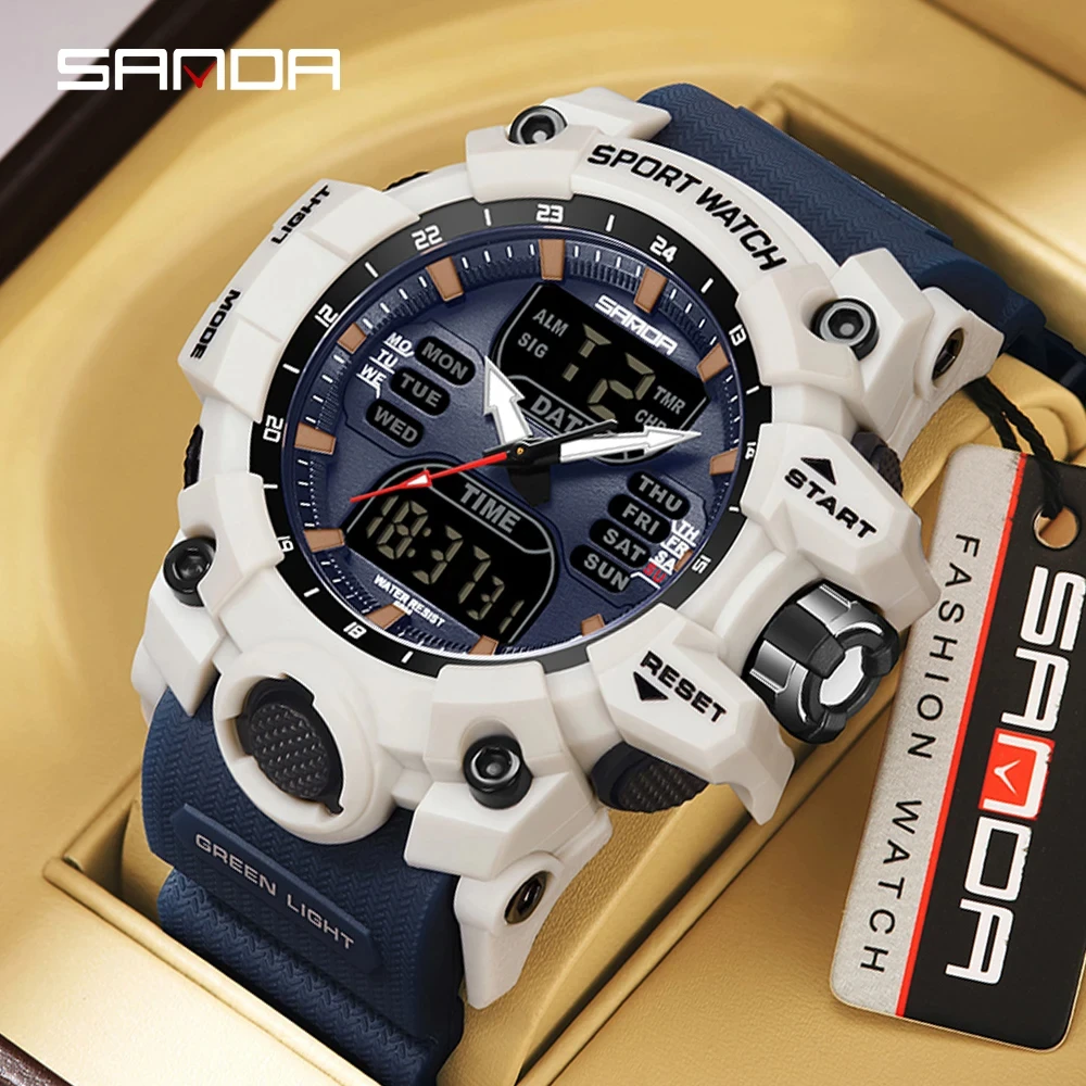 SANDA 6126 TPU Strap Luxury Electronic Men's Watches Outdoor Sport Countdown Stopwatch Digital Watch Waterproof Wirh Alarm Clock