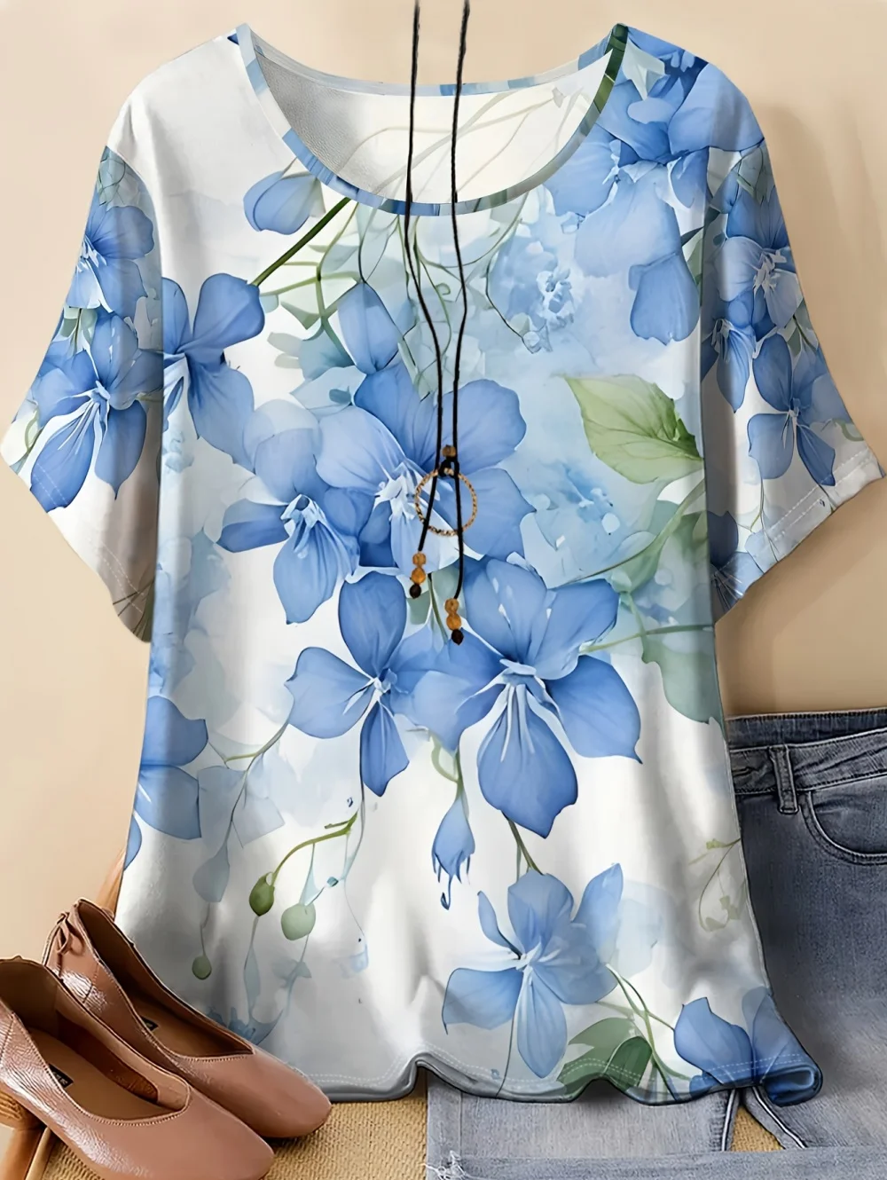 Vintage Lässiges Kurzarm-T-Shirt mit Rundhalsausschnitt für Damen, Sommer-Blumen-T-Shirt, Batik-Oberteil, 3D-Druck, lockere Mode-Damenbekleidung – Detail 6
