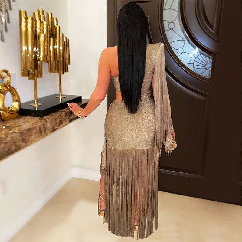 

OMSJ 2025 Women's Formal Elegant Irregular Evening Dress Tassel Design One-shoulder Hollow Out Solid Skinny Wrapped Hip Vestidos