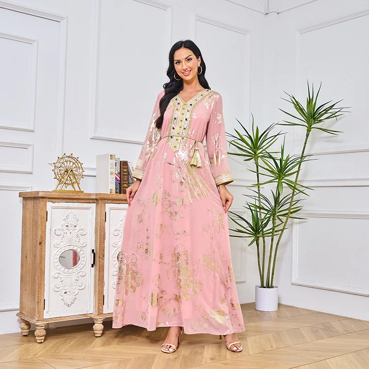 Long Dress For Prom V-neck Beaded 2023 Spring Muslim Gold Stamped Fashion Robe With Belt Pink Dress Dubai Arab Women Clothing