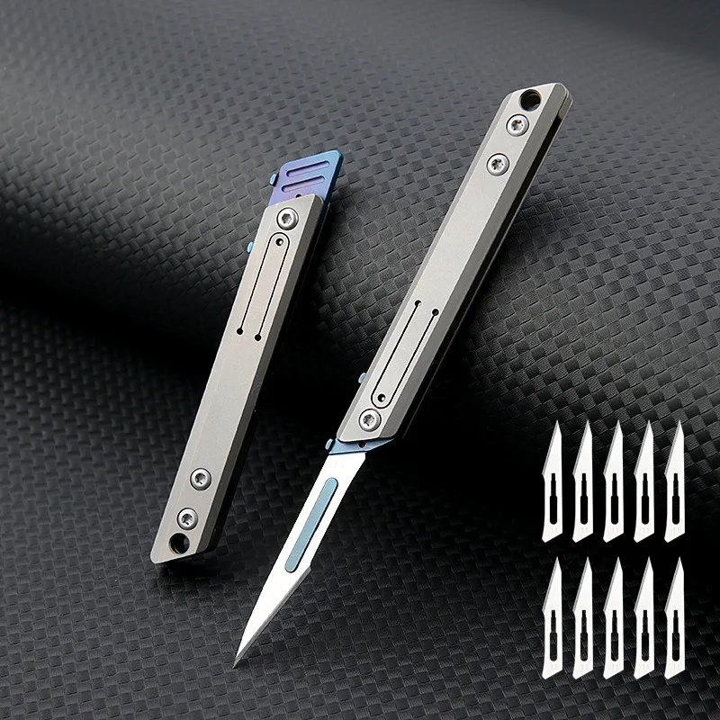 Titanium Alloy Mini Utility Knife Quick Open Scalpel Knife Keychain Pocket Folding Knife Selfdefense Tool Replaceable NO.11 Blad