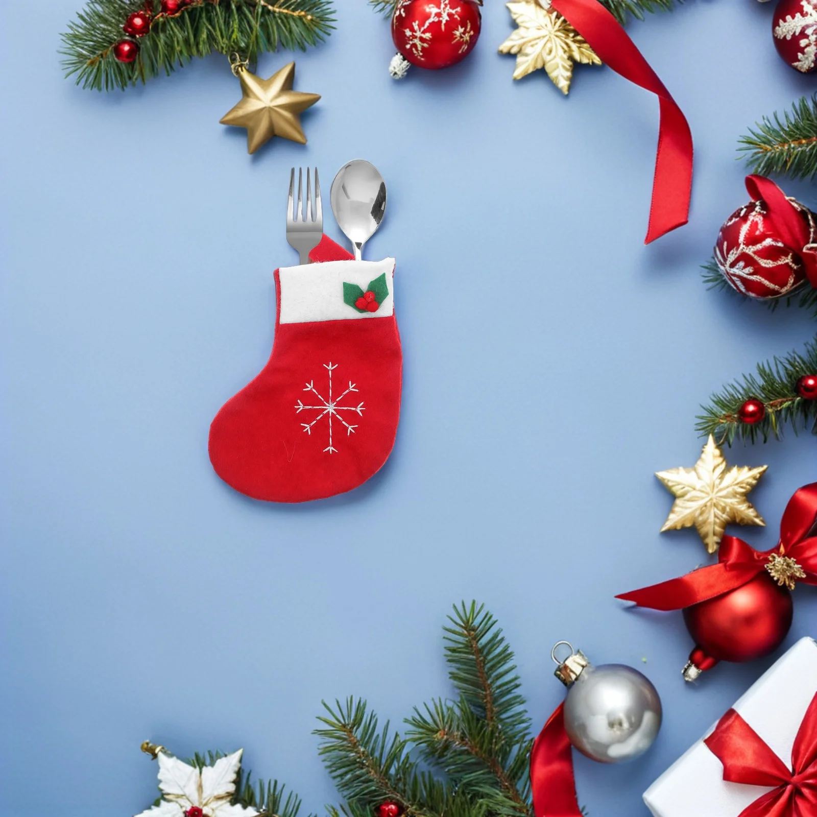 

12Pcs Christmas Silverware Holders Mini Stocking Cutlery Sleeves Embroidered Snowflakes for Festive Table Decor Holiday Wedding