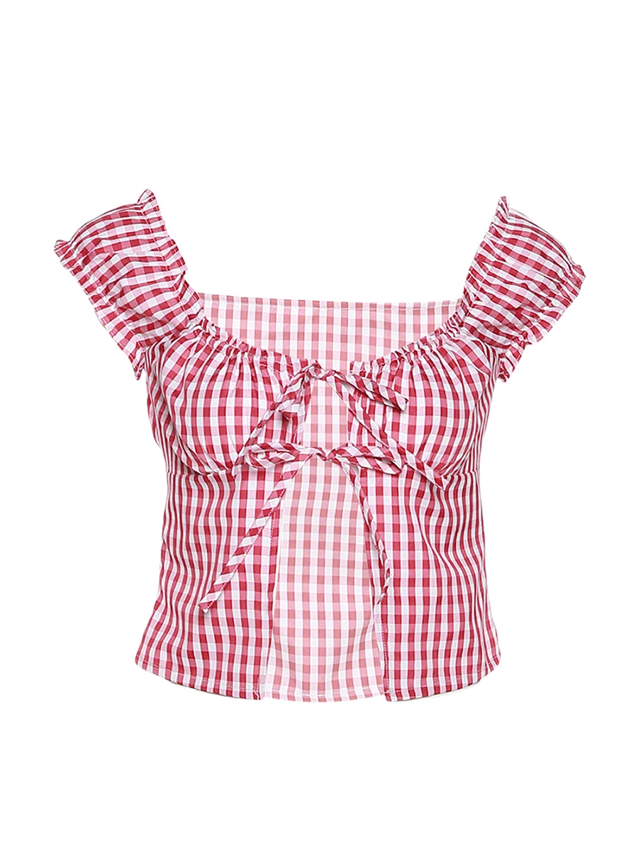 Women Cute Tie Front Plaid Crop Tank Tops Square Neck Tie Up Gingham Camisole Tops Summer Backless Cropped Vest