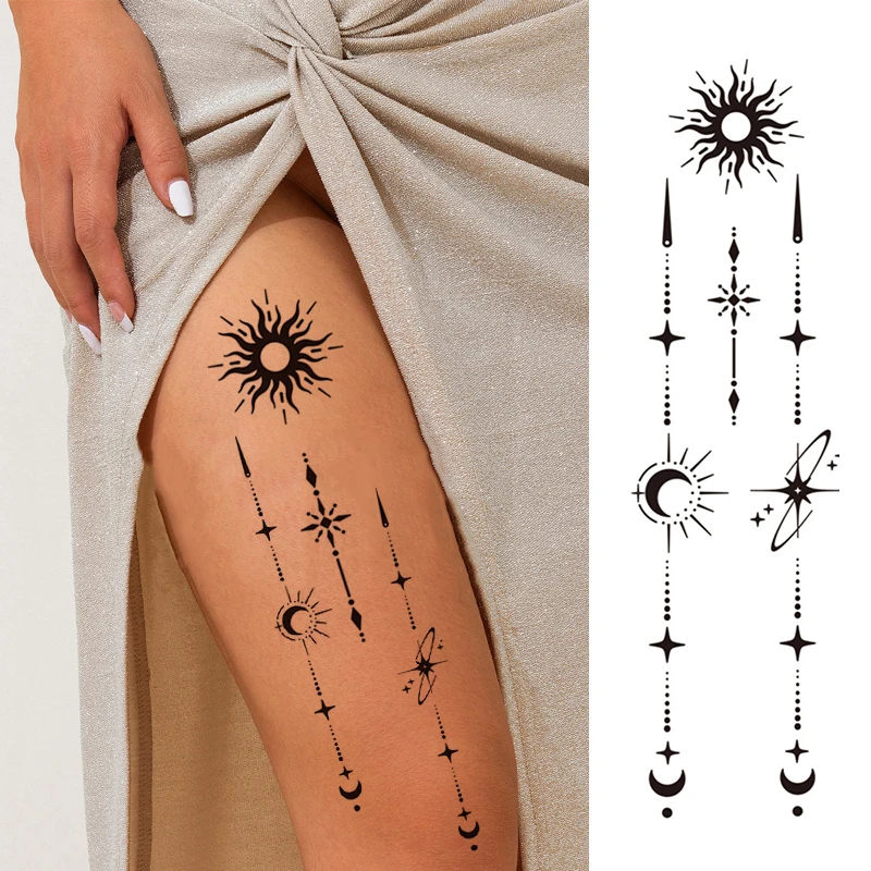 Moon and star element leg tattoo stickers, trendy and sexy temporary realistic stickers for calves, waterproof and sweatproof.