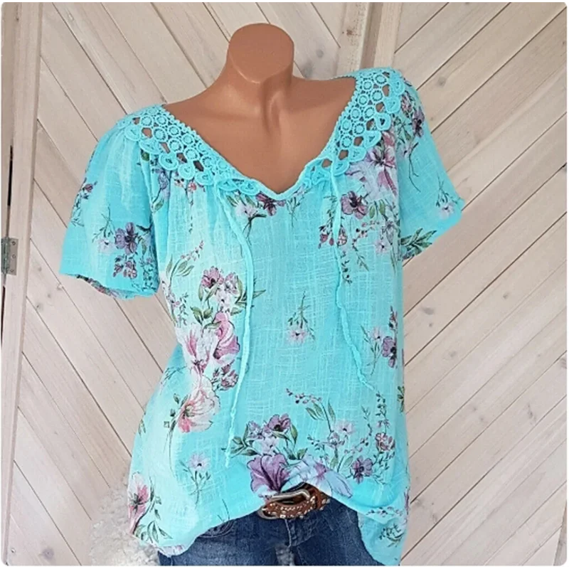 

V-Neck Floral Print T-Shirt Women Lace Tied Short Sleeved Tops Summer Casual Pullover Top