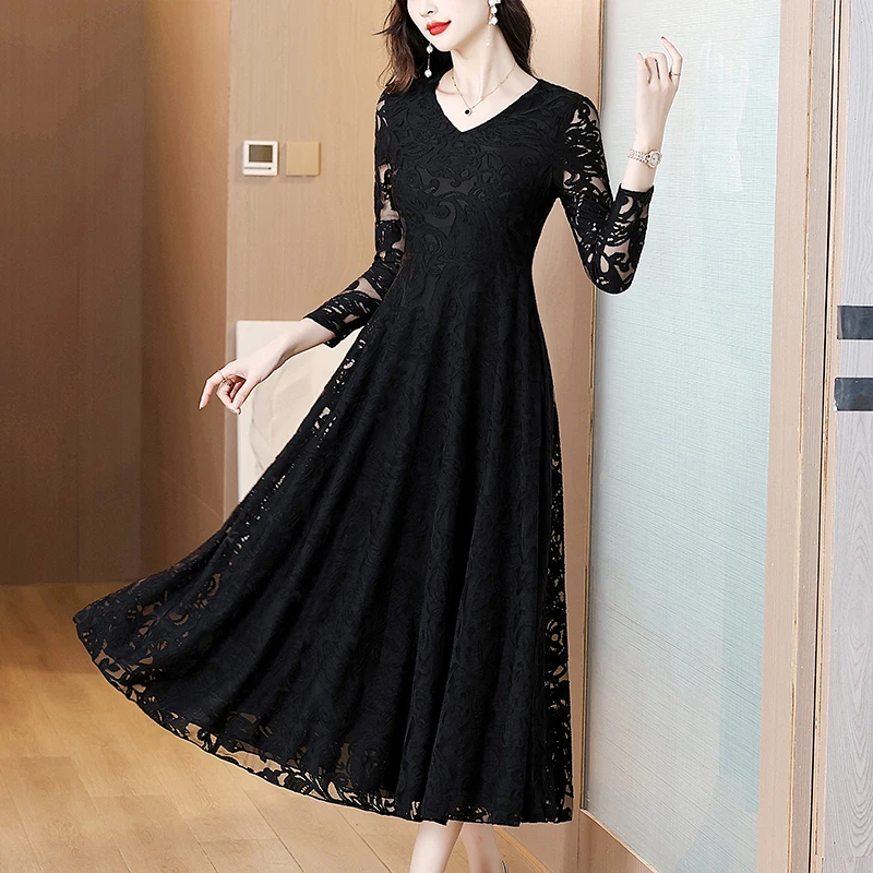 

Женские винтажные кружевные платья миди с v-образным вырезом, сексуальные элегантные облегающие вечерние весенне-осенние черные платья миди с длинными рукавами XQ301