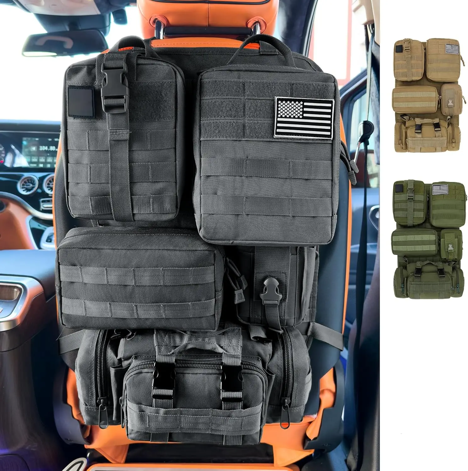

Tactical Molle Car Seat Back Storage Bag, Universal Vehicle Organizer with 5 Detachable Pockets, American Flag Patch & Keychain