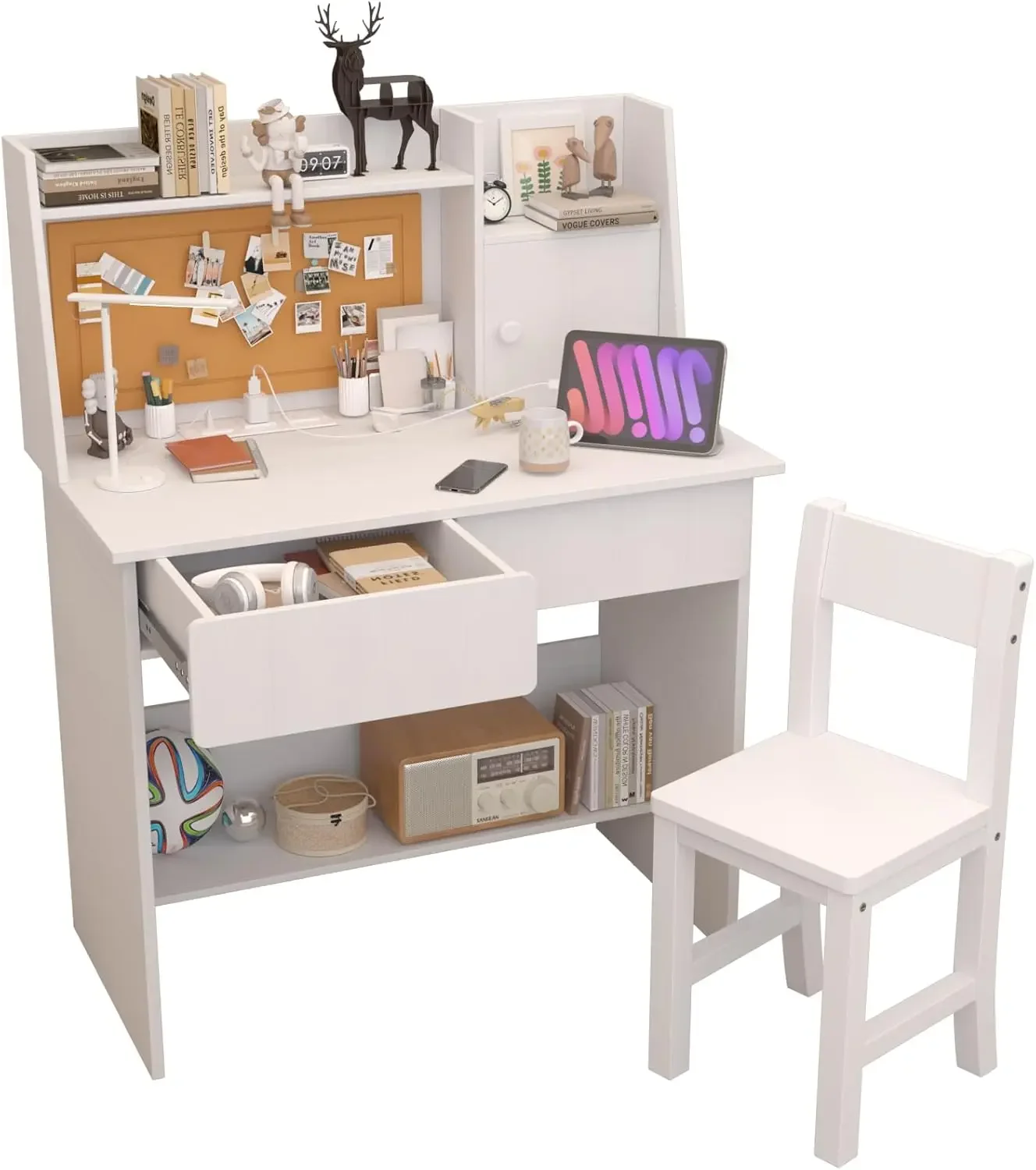 

White Wooden Kids Study Desk Chair Set With Charging Station Hutch Shelves Two Drawers