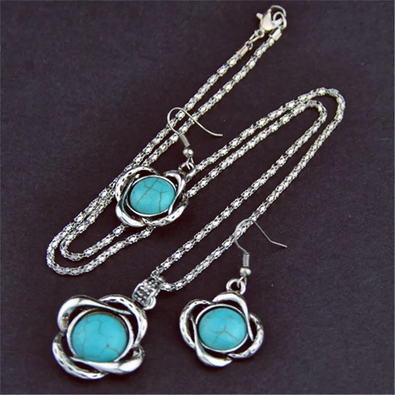1set Boho Turquoise Flower Jewelry Set for Women Necklace And Earrings Combo Ideal for Birthday Party Dresses Ladies Gift