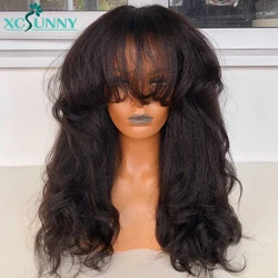 Bang Wig Human Hair Brazilian Machine Made Scalp Top Wig Wavy Yaki Human Hair Wig With Bangs Chocolate Brown Wigs For Women