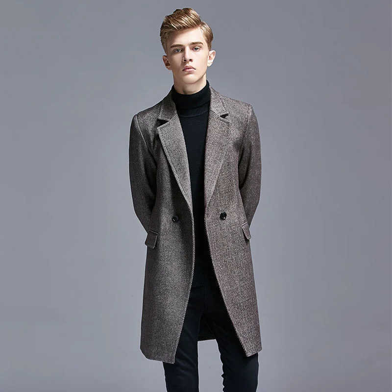 

Spring Handsome Men Wool Duffle Coat Slim Fit Middle Long Woolen JacketTrench Casual Business Mens s and Jackets