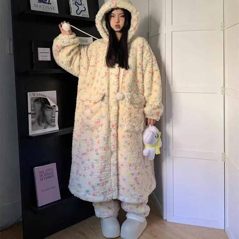 الشتاء رشاقته فتاة بيجامة مجموعة Kawaii مقنعين رداء لطيف الدفء Homewear يمكن ارتداؤها كملابس خارجية المرجان الصوف طالب ملابس خاصة #3