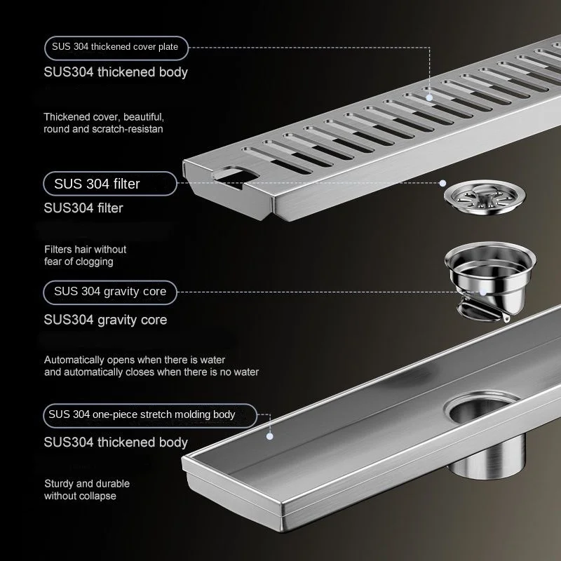 304 aço inoxidável longo Rectable Floor Drain, Anti-odor Shower Drain, 8.5cm de largura