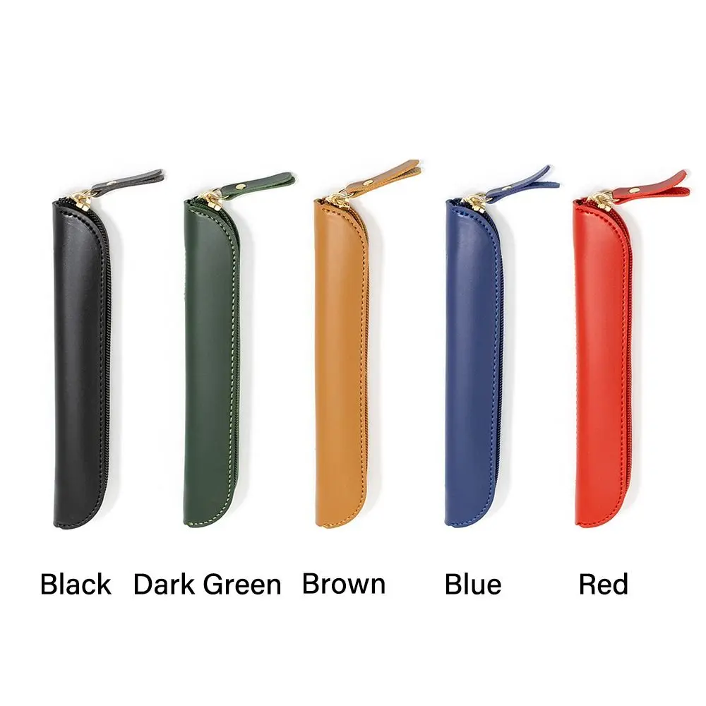 Solid Color PU Leather Pen Bag Stationery Storage Bag Pen Protective Bag Student Business Curved Zipper Portable Pen Pouch