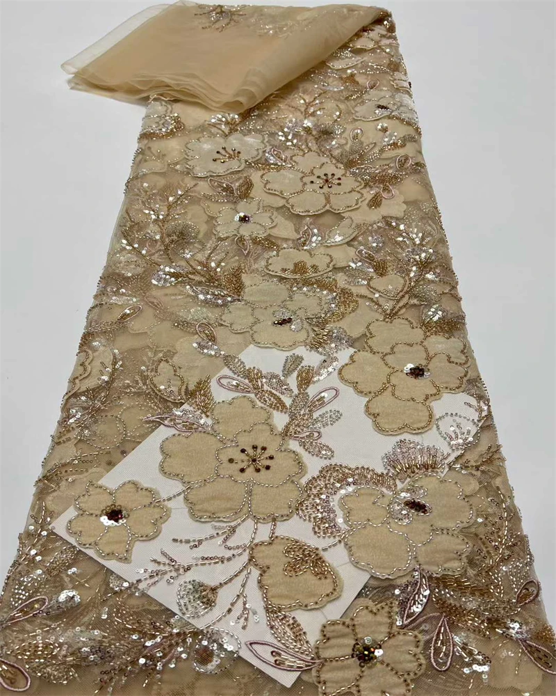 

African French Mesh Lace Beaded Fabric Newest 2026Nigerian Net Lace Fabric with Sequins for Women Wedding Dresses