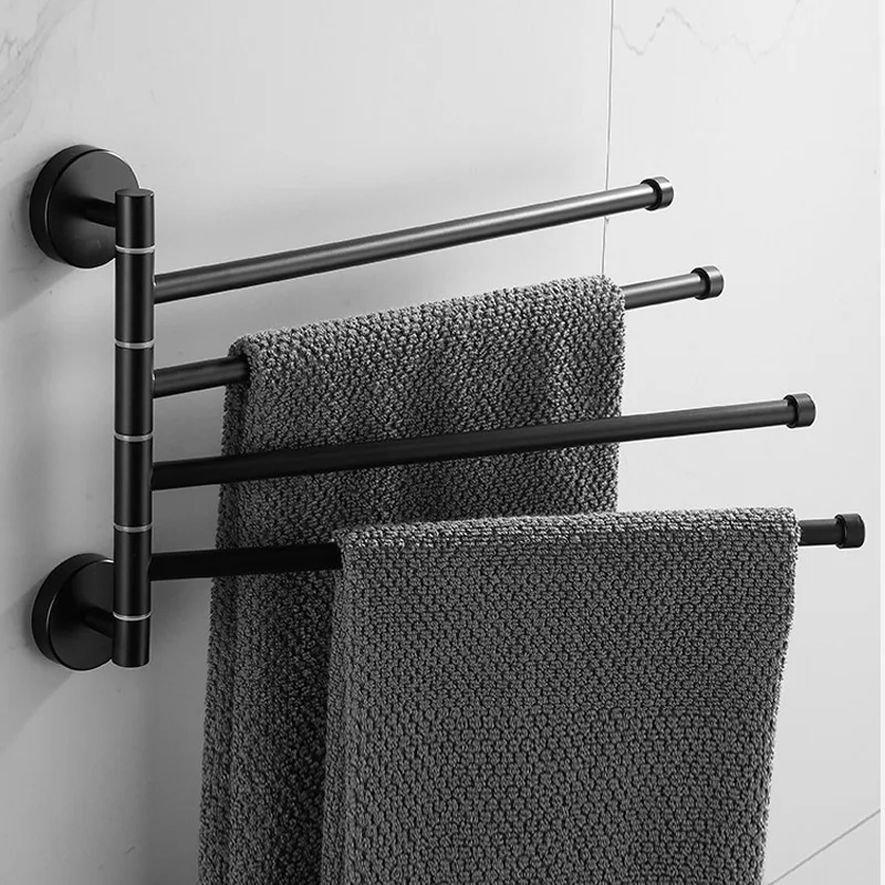 Towel Holder Rack Stainless Steel Swivel Towel Bar Hanger Movable Foldable Wall Mount Towel Rail Black Bathroom Storage