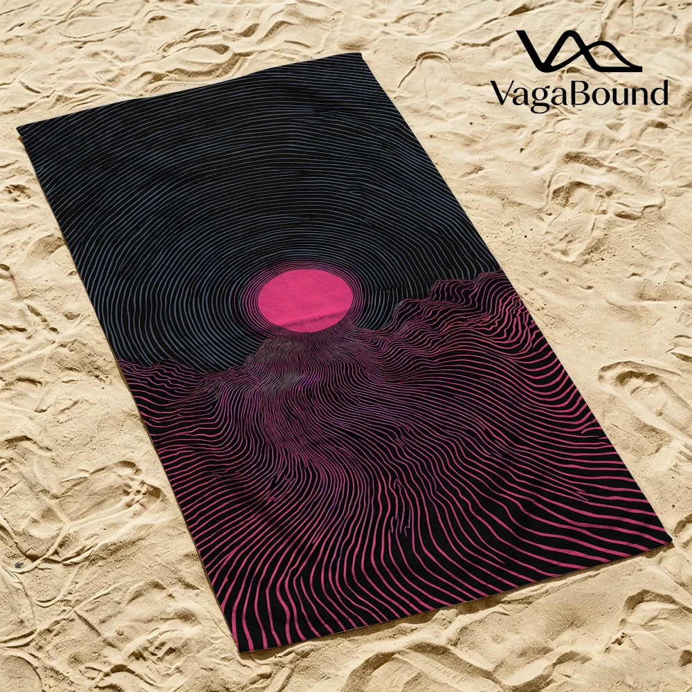 

Pink Sun Over Wavy Lines Beach Towel Cartoon Quick Dry Microfiber Bath Towel for Swimming Surfing Camping Unisex Holiday