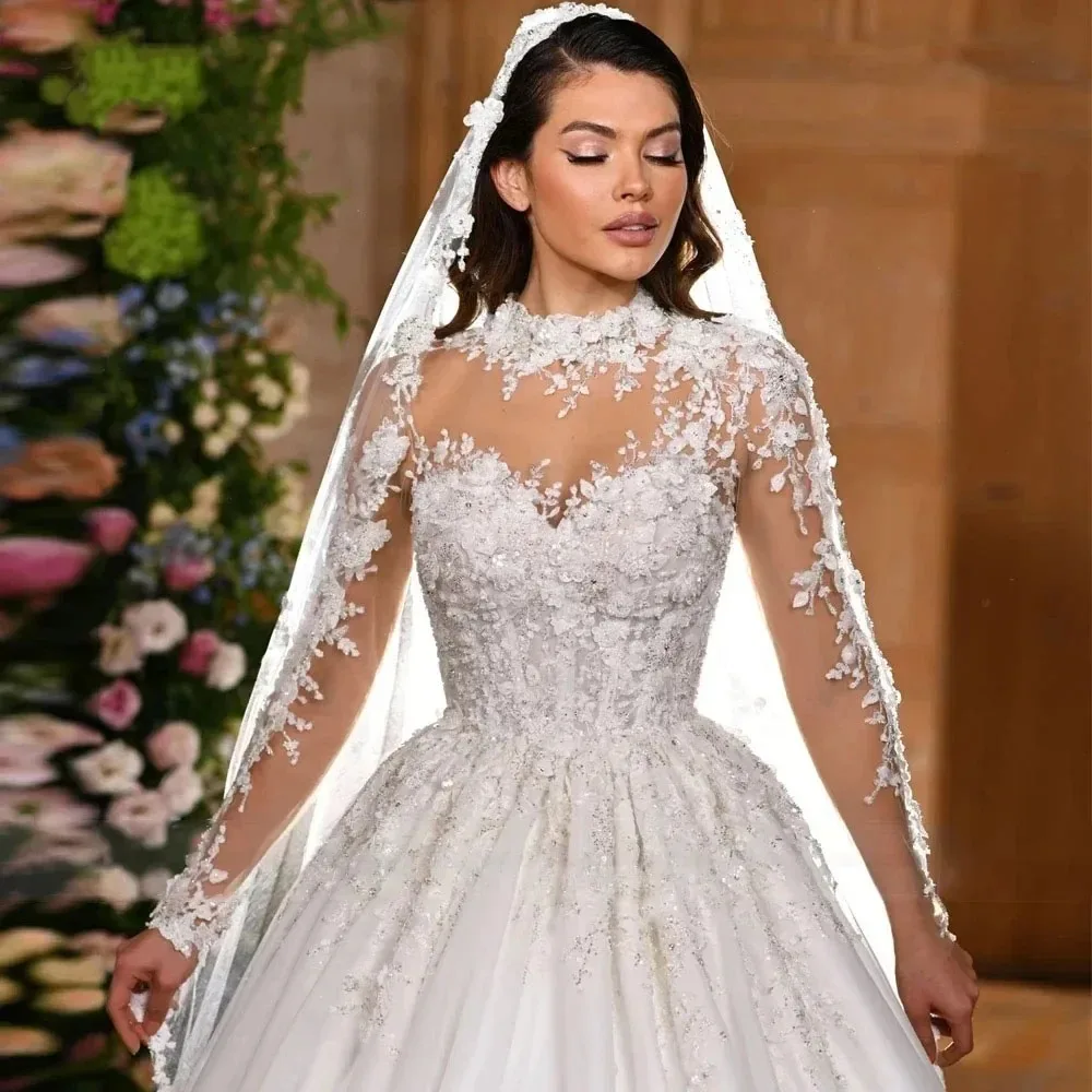 

Новые свадебные платья трапециевидной формы с круглым вырезом по индивидуальному заказу, романтическое кружевное платье невесты с длинными рукавами и аппликацией, свадебные платья Robe De Mariage