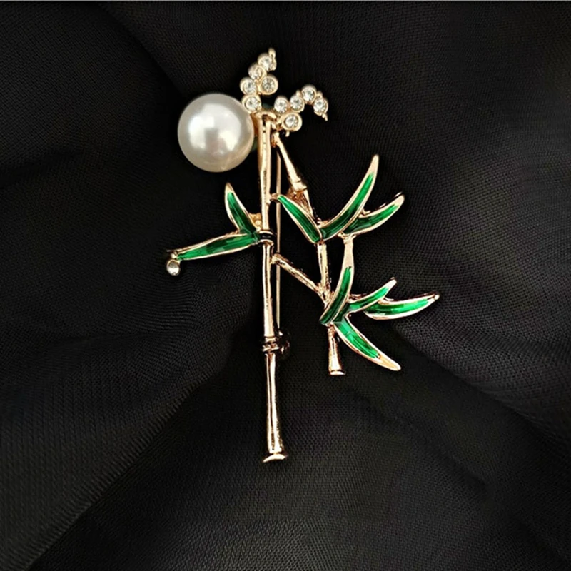 Chinese Style Bamboo Brooch Pin Retro Imitation Pearl Green Leaf Plant Brooches For Women Suit Collar Clothing Accessories Pins