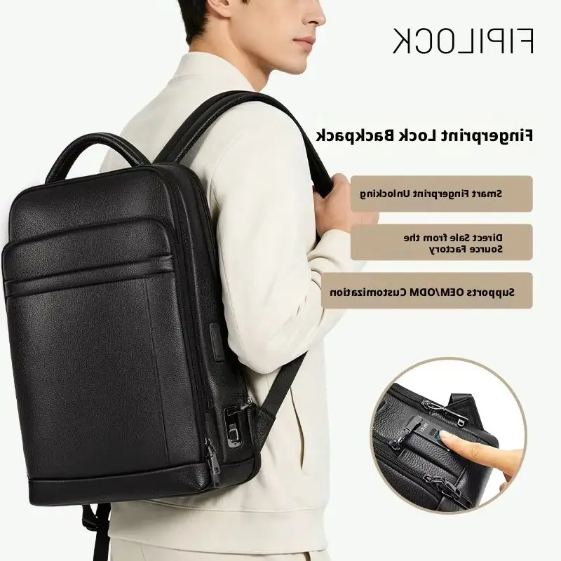 Men Black Genuine Cowhide Leather Fingerprint Lock Backpack Smart Anti Theft Laptop Bag Business Travel Daypack Sac