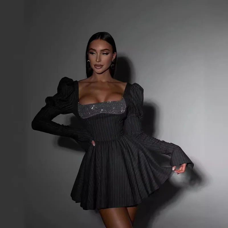 

2025 New European and American Style Elegant Puff Long Sleeve Square Neck Sequin Short Tie Waist Slimming Dress