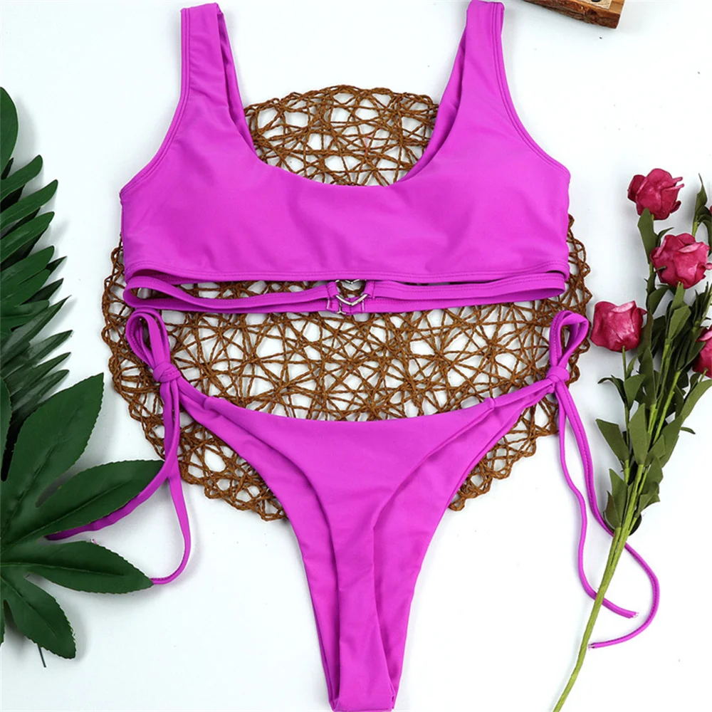 Serce bikini Hollow Tankini elegancki fioletowy strój kąpielowy String Tanga damskie stroje kąpielowe Y2K brazylijski zestaw kąpielowy na plaży Biquini Feminino