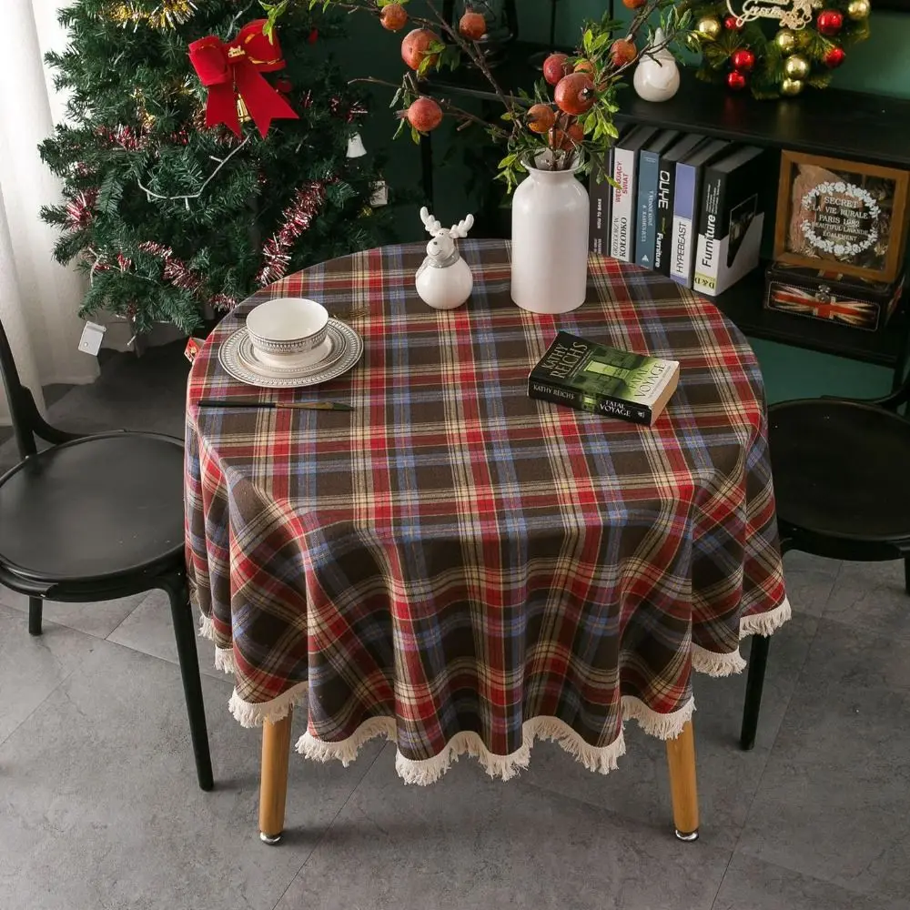

Soft Cotton Christmas Plaid Tablecloth Round Checkered Table Cover Classic Colourful Table Cloth Christmas Decoration