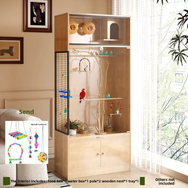 Parrot Bird Cage Iron & Solid Wood Frame Large Space Glass Transparent Environmental Protection Bird Breeding Cage