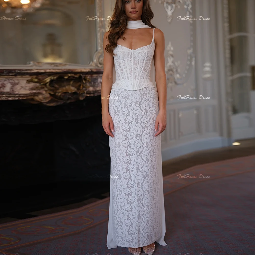 Customized Boho Spaghetti Straps Lace Straight Lace up Back Wedding Dress Sleeveless Long/Short Bridal Dress with Scarf