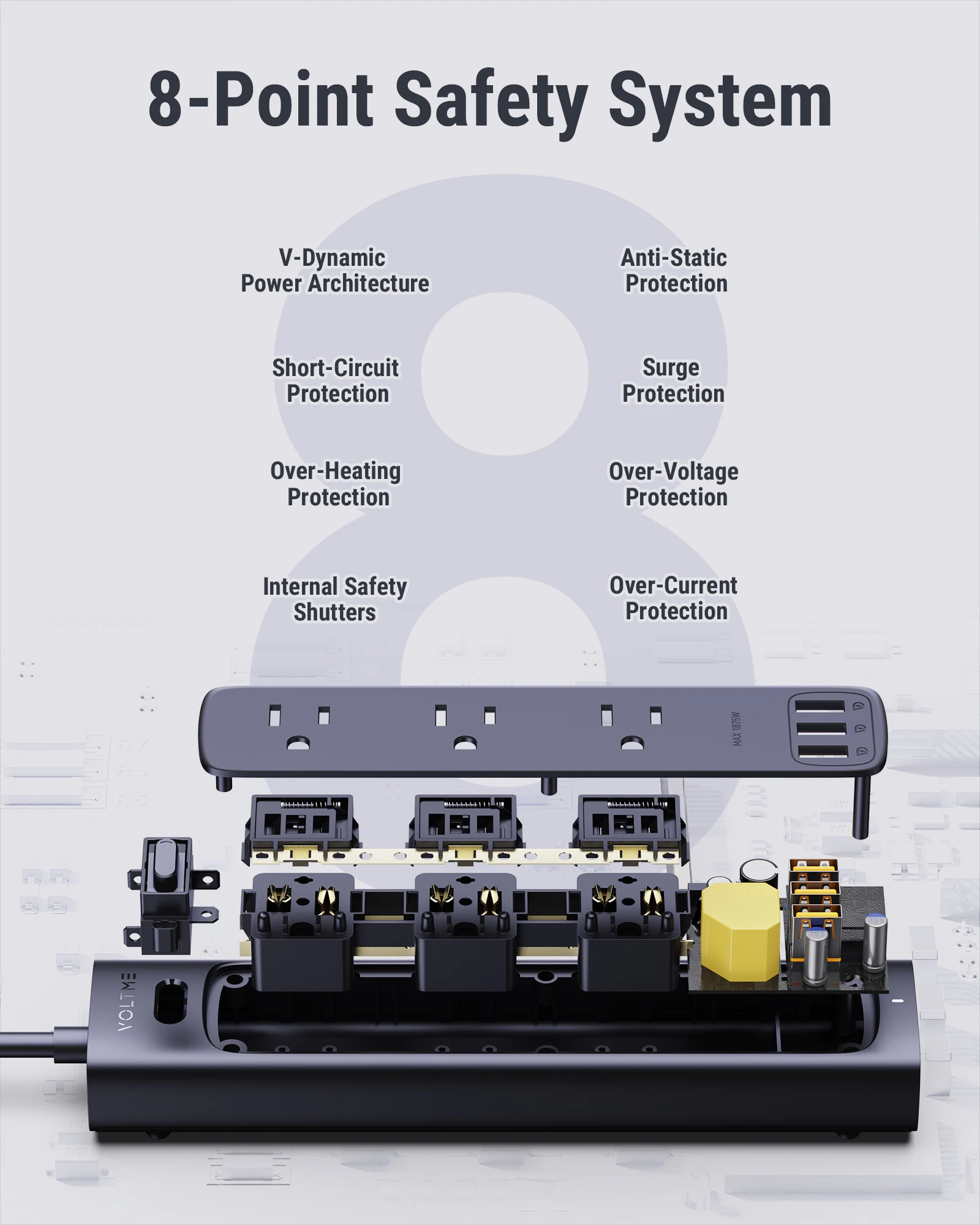 VOLTME US Plug Power Strip 18W Multitap Socket Extension Cord Electrical Power Strip With USB PD Fast Charging Network Filter