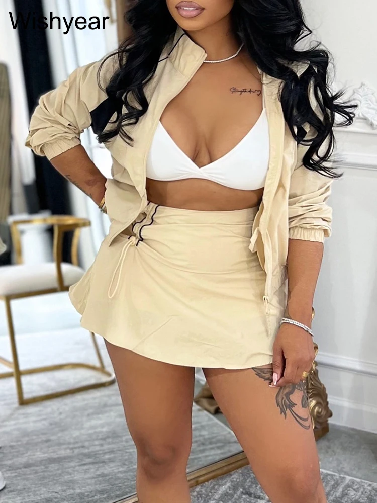 

Sexy Sports Outfits Women Color Patchwork Long Sleeve Jacket Tops and Drawstring Fold Mini Skirt Two 2 Piece Set Female Fitness