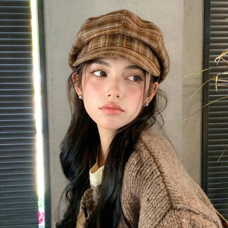 Vintage Retro Plaid Octagonal Newsboy Beret Hat For Women Korean Fashion Academic Style Painter Artist Cap  Girls Spring Autumn