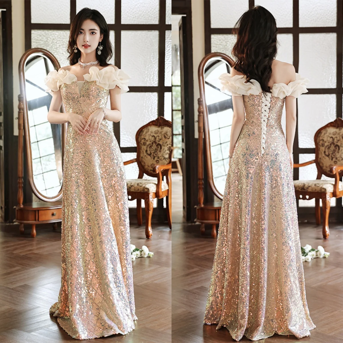 It's Yiiya Evening Dress Champagne Sequins Off the Shoulder Pleat A-line Floor-length Plus size Women Party Formal Gowns A3023