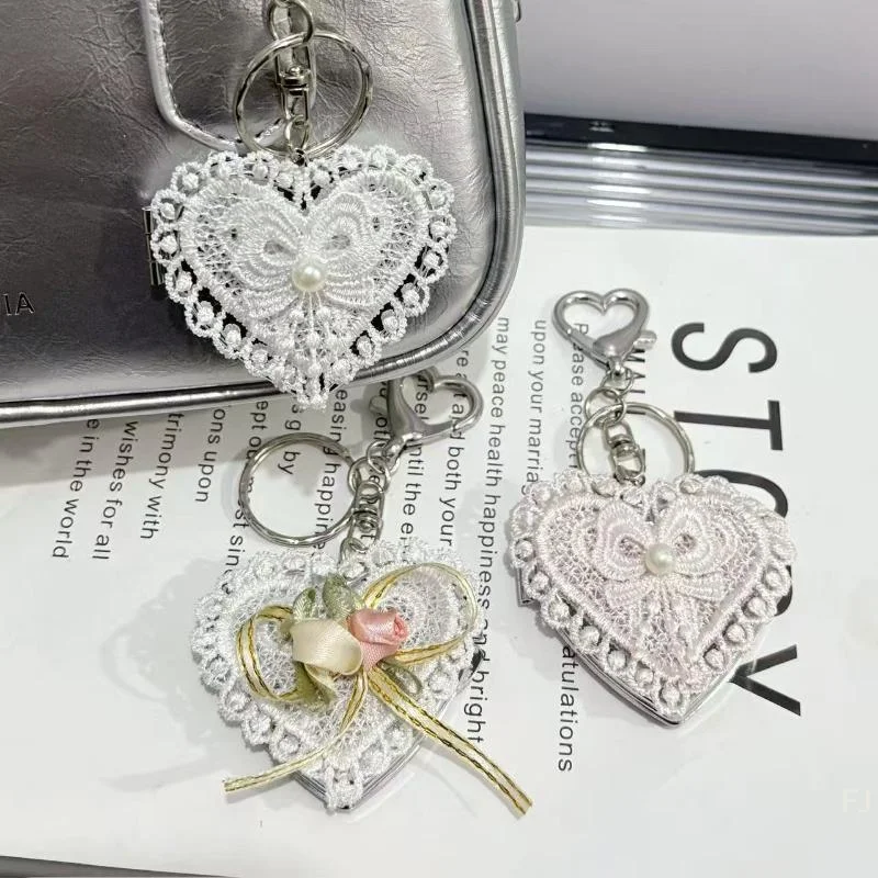 

[YU]Sweet Lace Love Bow Folding Mirror Keychain Y2K Trendy Metal Keyring Car Key Holder Bag Pendant Decoration For Girl Gifts
