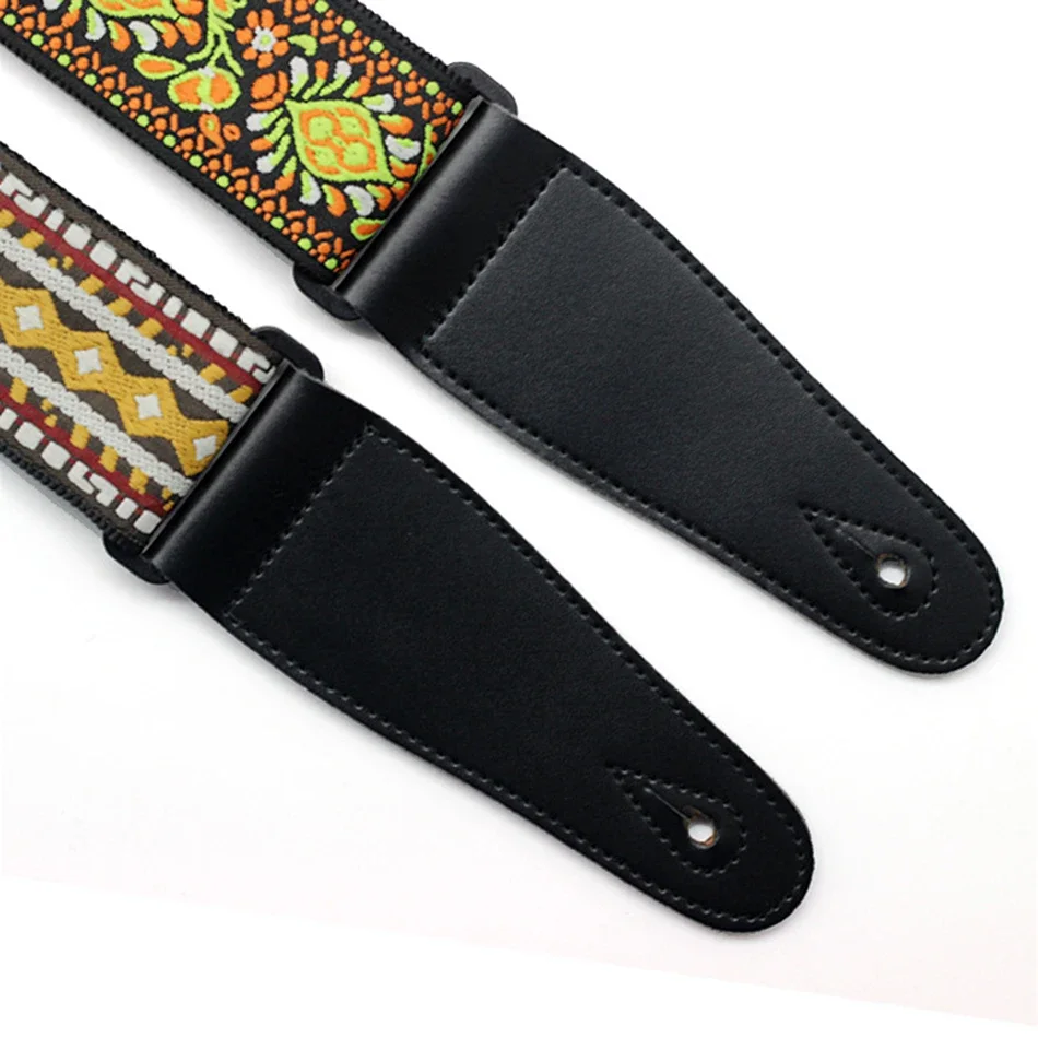 Acoustic Electric Guitar Strap Embroidery Ethnic Style National Wind Adjustable Leather Ends Musical Accessories Straps