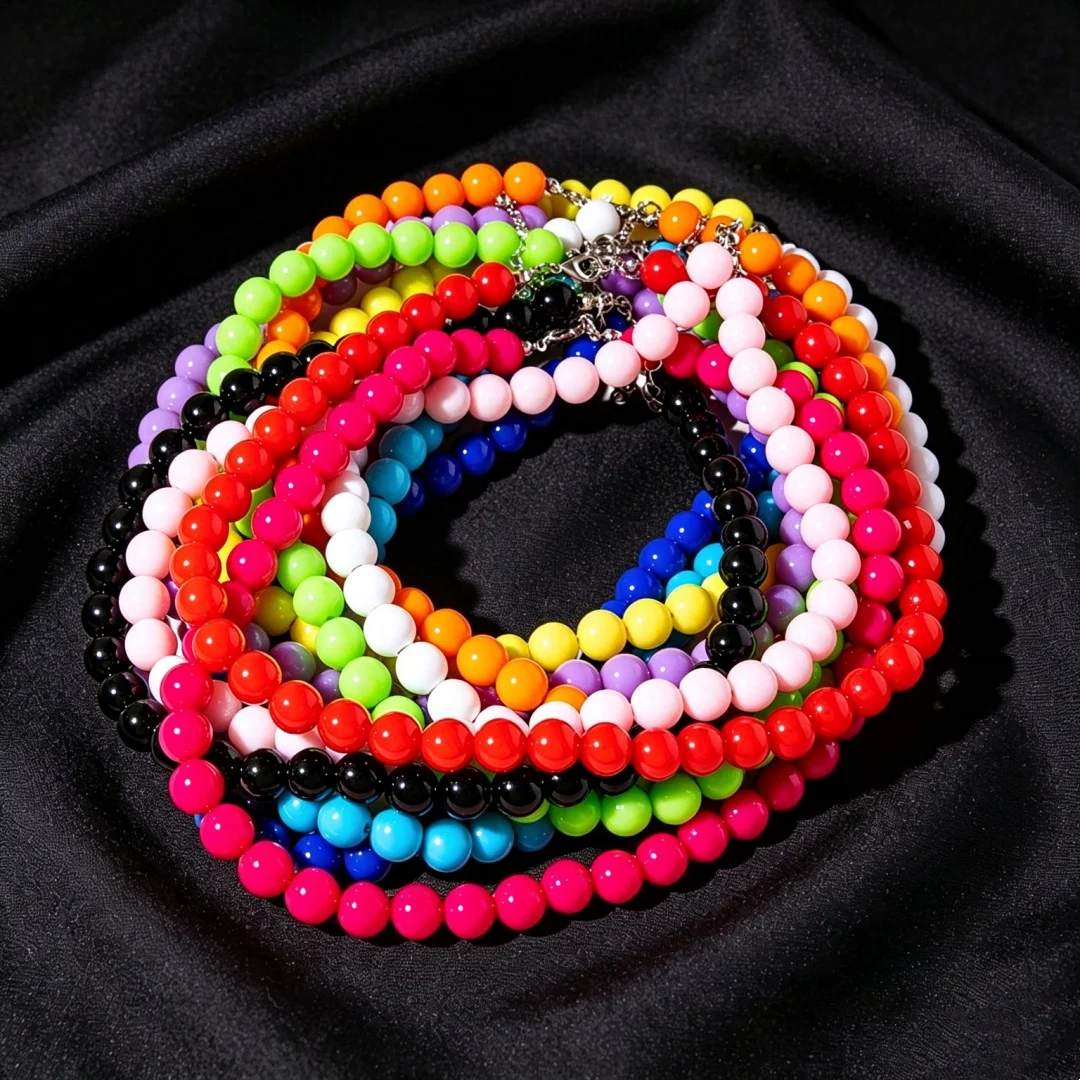 Macaron Dopamine Solid Color Round Bead Necklace, Versatile Basic Acrylic Beaded Collar