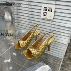 Classical Style Sqaured Toe Women Summer Sandal Shoes Slingback Slip on Gold Green Sheepskin Leather Top Quality Thin Heel Shoe