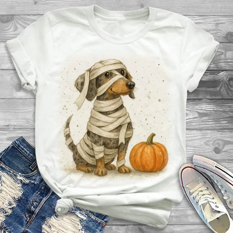 تي شيرت هالوين طباعة نمط العصرية الكرتون اليقطين المرأة بلوزات مستديرة العنق لطيف نمط غير رسمي الملابس المرأة تي شيرت أبيض #1