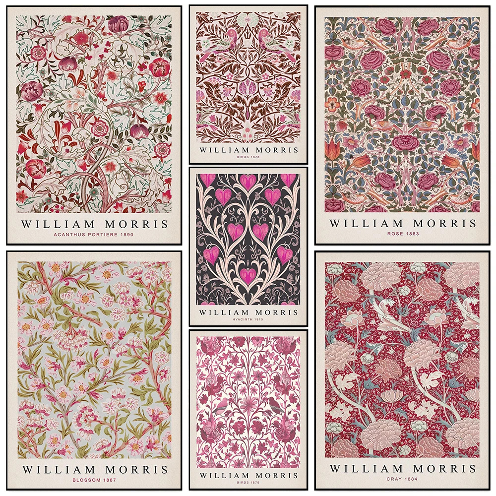 1pc frameless Canvas Painting  Pink Plant Art William Morris Abstract Exhibition Posters Prints Canvas Painting Wall Art Picture