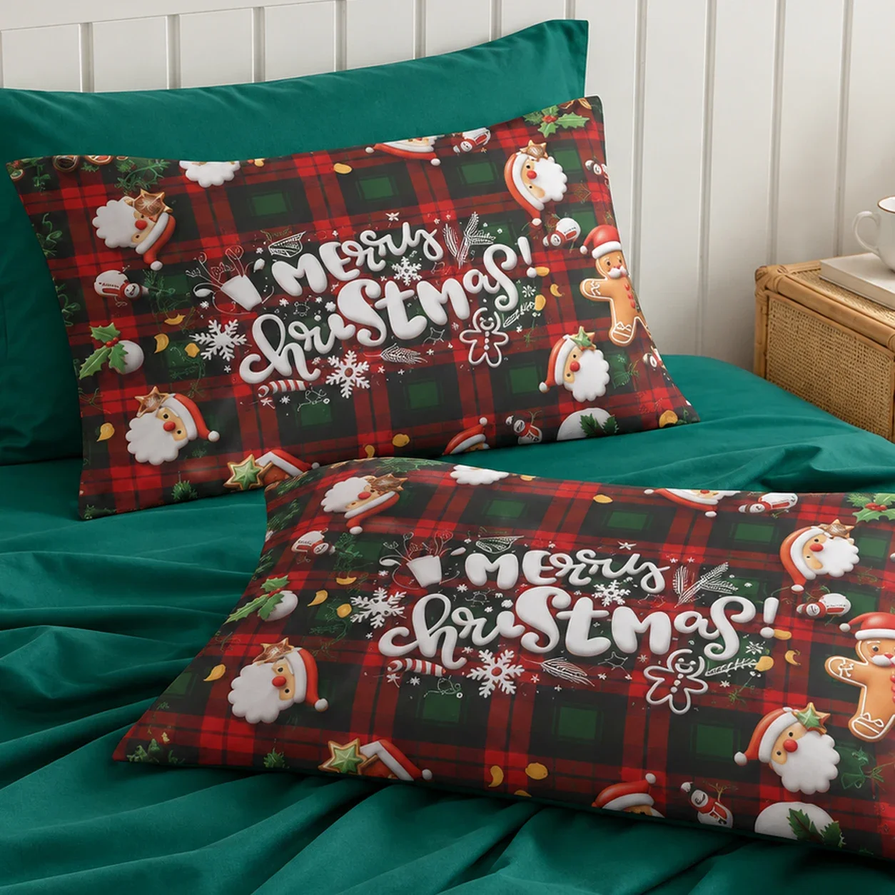 4/6pcs Holiday Bamboo Bed Sheet Set, Extra Deep Pocket Fitted Sheet with Corner Straps, Christmas Reindeer Printed Pillowcases for Home Bedroom Decor